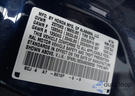 2004 Honda Odyssey Ex-L из США, поврежденный, VIN 5FNRL18054B098250